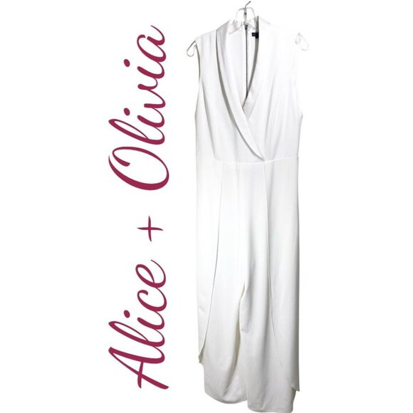 NWT ALICE + OLIVIA Bebe White Shawl Collar Split Leg Sleeveless Jumpsuit Size 12 - Picture 3 of 14